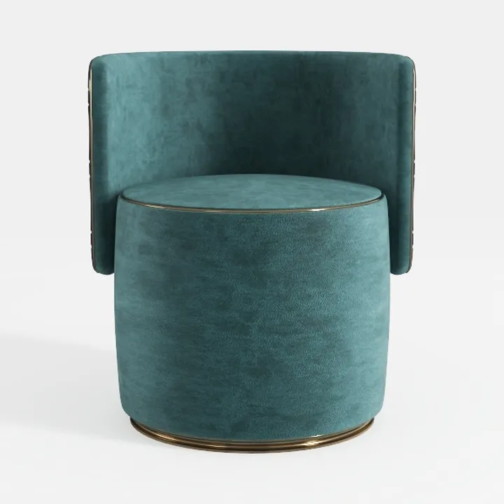 Modern Teal Velvet Upholstered Barrel Armchair with Brass Trim 3D Model