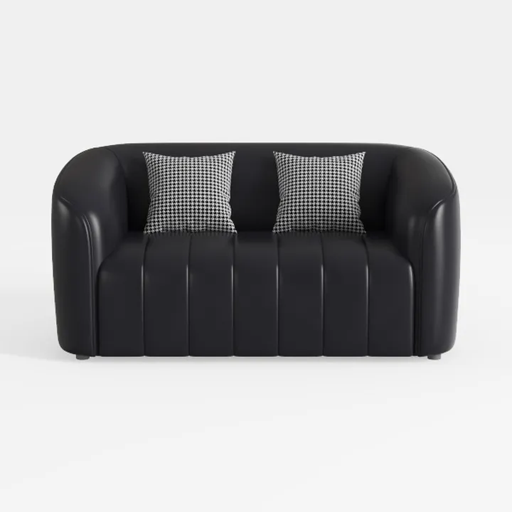 Modern Minimalist Black Leather Loveseat Sofa with Houndstooth Pillows 3D Model