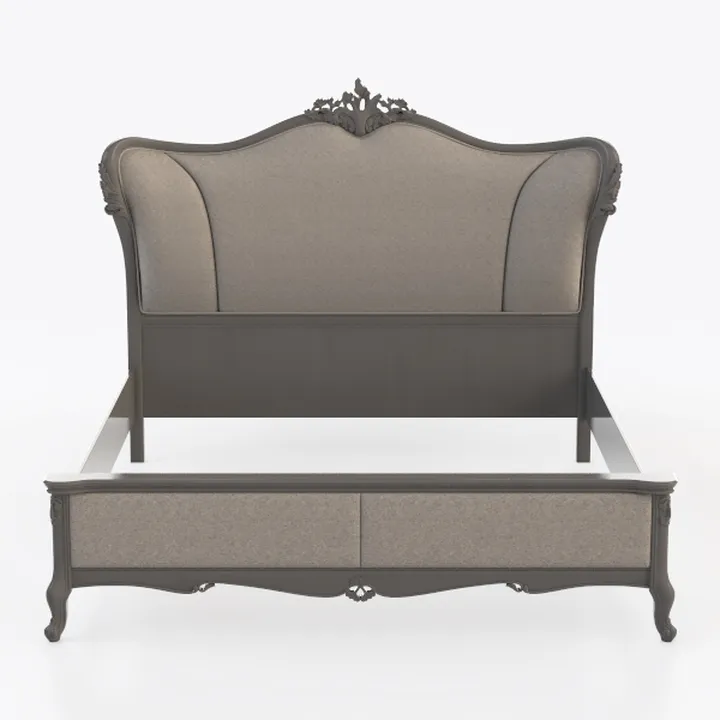 Vintage Carved Solid Wood Fabric Upholstered King Size Bed 3D Model