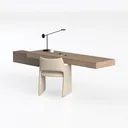 Minimalist Solid Wood Wall Mounted Desk and Fabric Armchair 3D Model Left 45 Degree View
