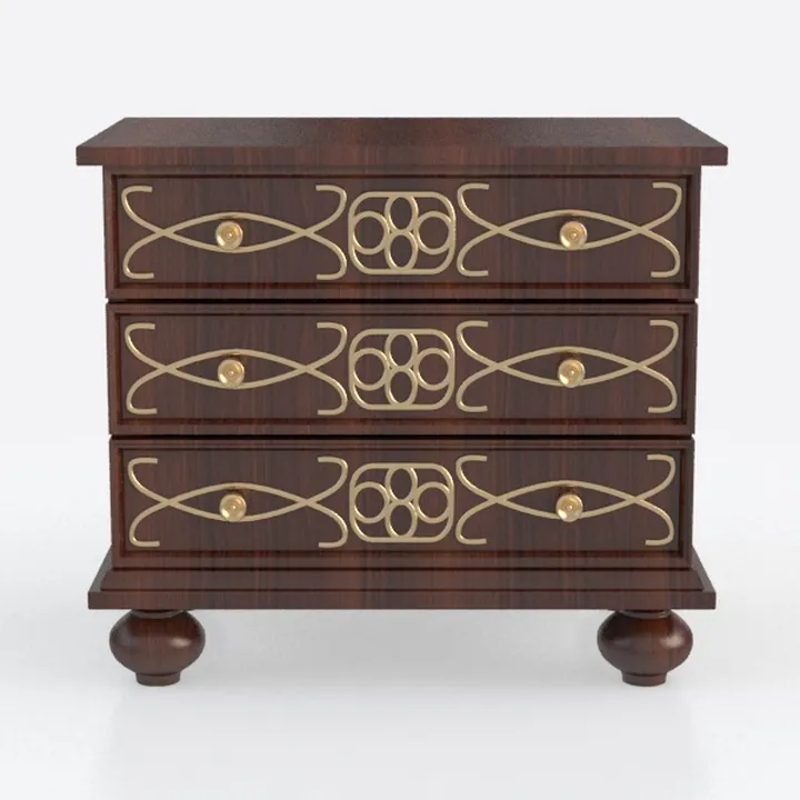 Vintage Walnut Brass Accent 3 Drawer Dresser 3D Model