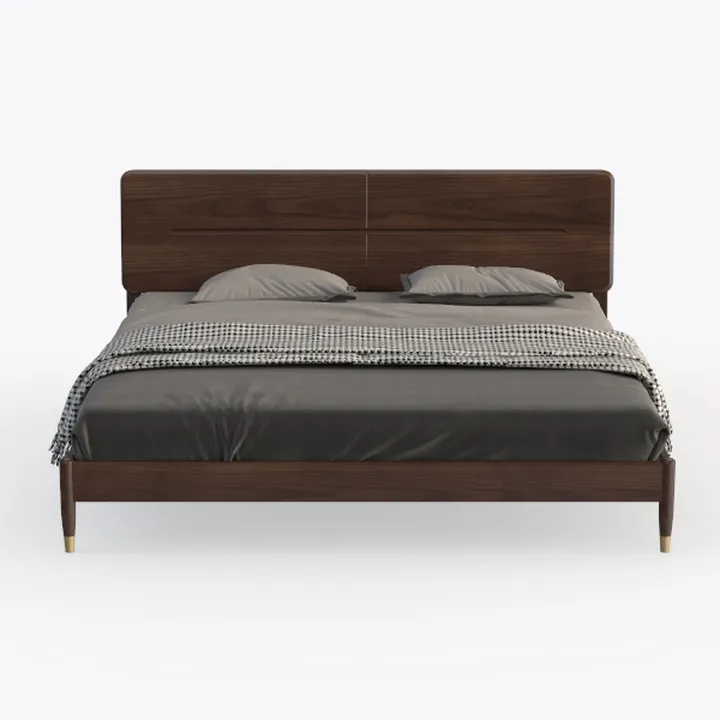 Modern Solid Walnut Wood King Size Bed With Brass Accent Feet 3D Model