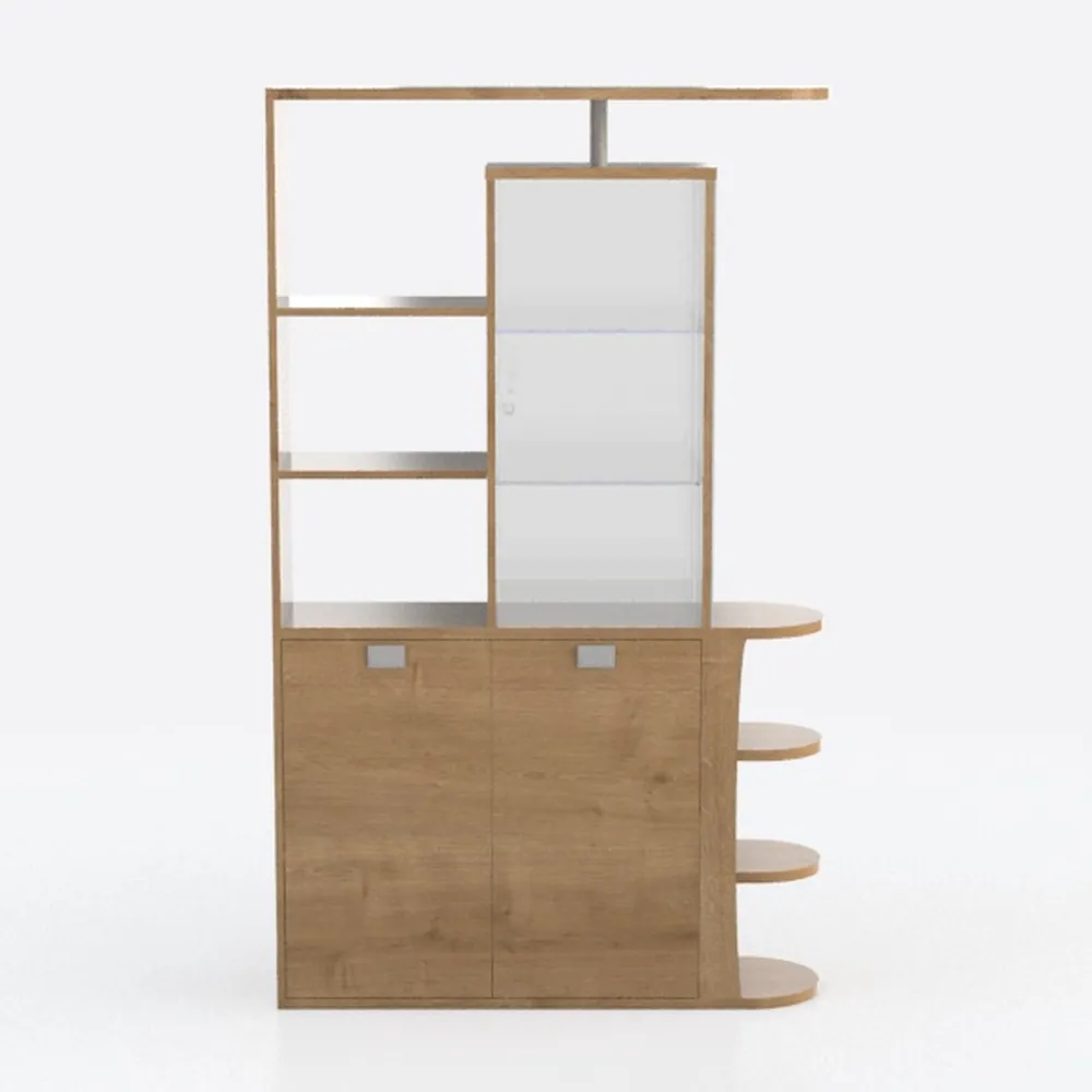 Moderno banco cassa a forma di L, postazione di lavoro con cassetti per ricevimento al dettaglio, elegante scrivania in legno da 100 cm, tavolino destro per un servizio clienti efficiente