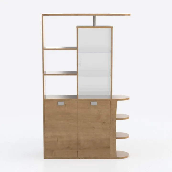 Moderno banco cassa a forma di L, postazione di lavoro con cassetti per ricevimento al dettaglio, elegante scrivania in legno da 100 cm, tavolino destro per un servizio clienti efficiente