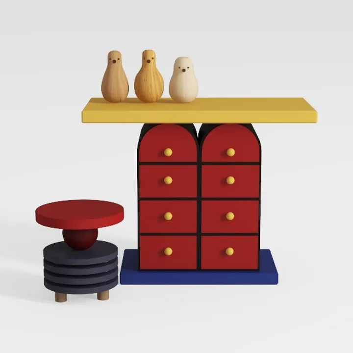 Colorful Pop Art Style Wooden Console Table and Stool 3D Model