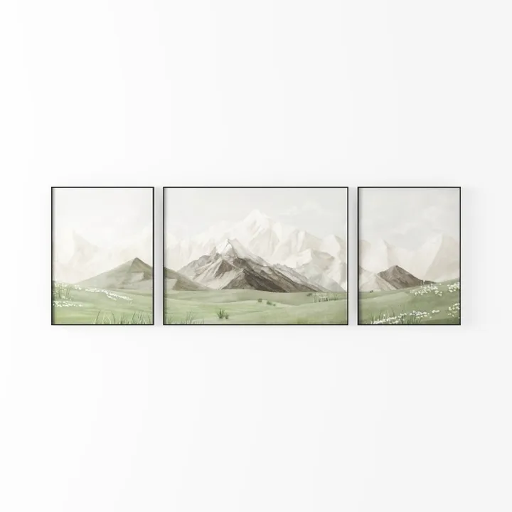Minimalist Neutral Triptych Mountain Landscape Wall Art 3D Model