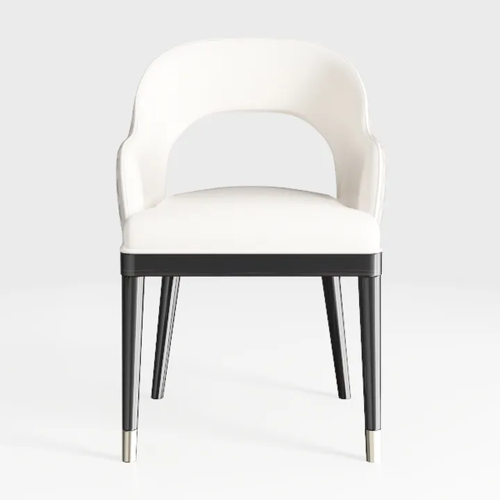 Modern Minimalist White Fabric Upholstered Dining Armchair with Metal Leg Caps 3D Model