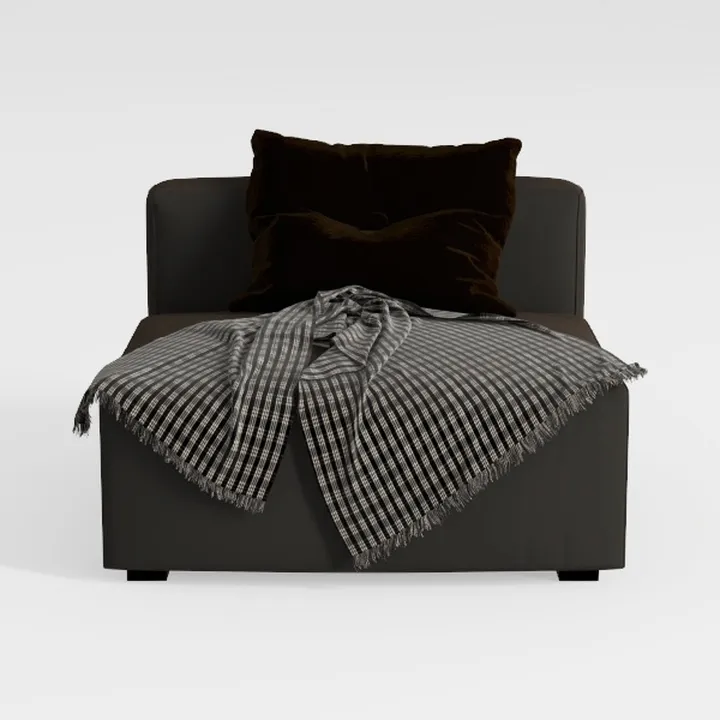 Minimalist Dark Fabric Accent Chair with Throw Pillows and Blanket 3D Model