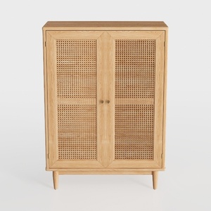 Minimalist Japandi Solid Oak Rattan Double Door Cabinet 3D Model