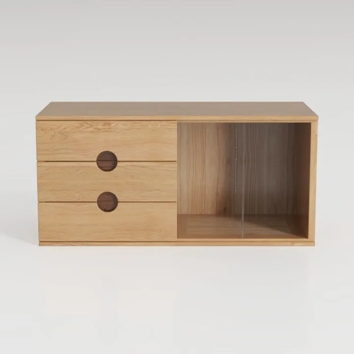 Minimalist Solid Oak Storage Cabinet With Drawers Open Shelf 3D Model