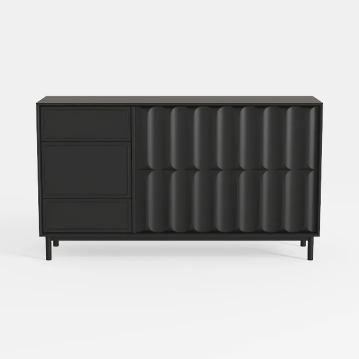 Minimalist Black Solid Wood Sideboard with Textured Front Panels 3D Model