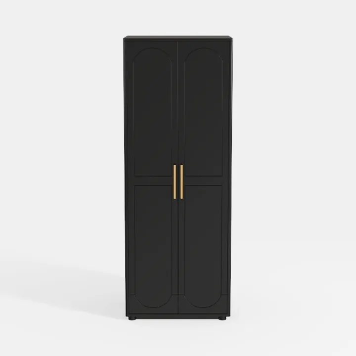 Minimalist Black Solid Wood Gold Accent Tall Wardrobe 3D Model