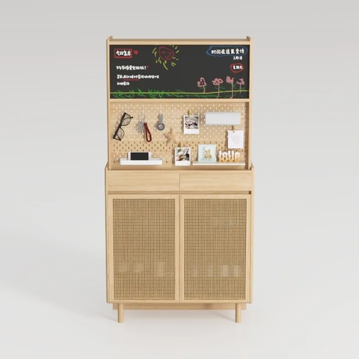 Minimalist Japandi Oak Rattan Multifunctional Storage Cabinet with Pegboard Blackboard 3D Model
