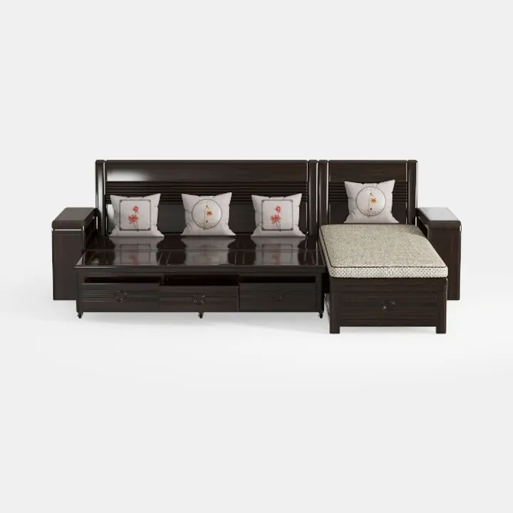 Traditional Solid Wood Storage Sectional Sofa with Decorative Throw Pillows 3D Model