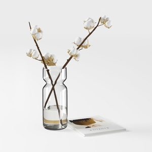 Minimalist Clear Glass Vase with Cotton Stems Decor 3D Model