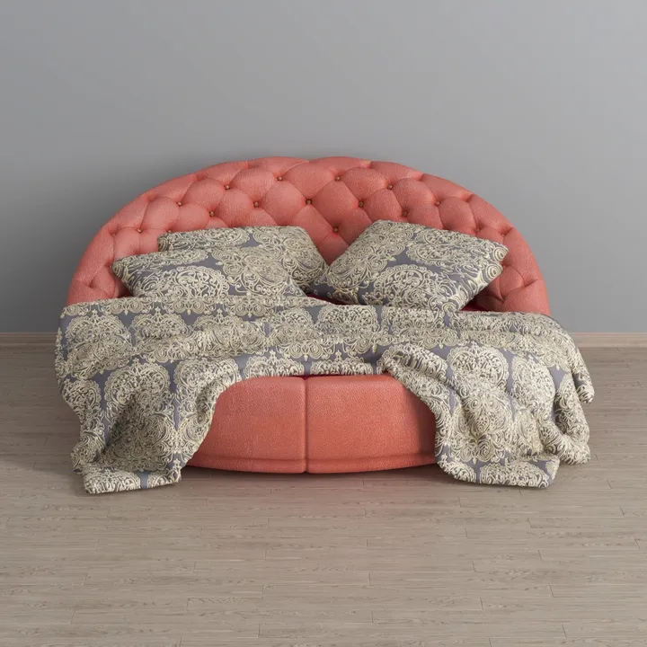 Modern Tufted Leather Round Bed with Damask Bedding 3D Model