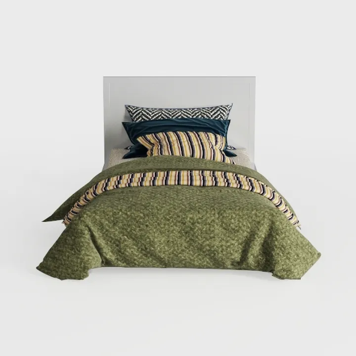 Minimalist Solid Wood Double Bed with Patterned Bedding 3D Model