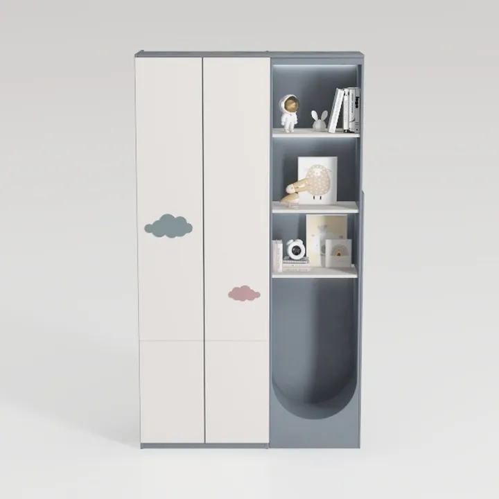 Kids Cartoon Style Wooden Wardrobe With Open Display Shelves 3D Model