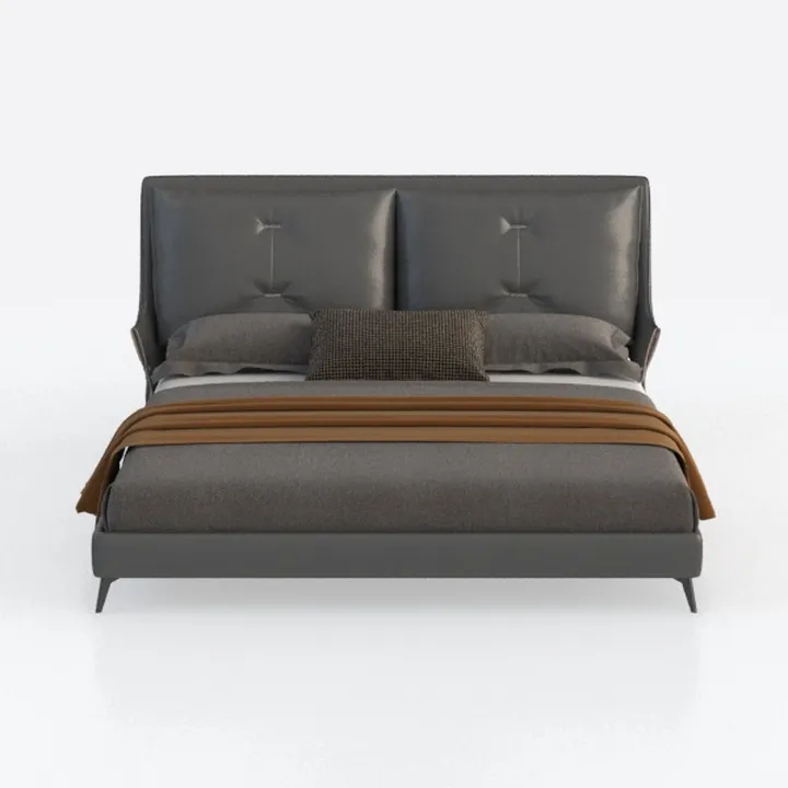 Modern Dark Gray Leather Upholstered King Size Bed 3D Model