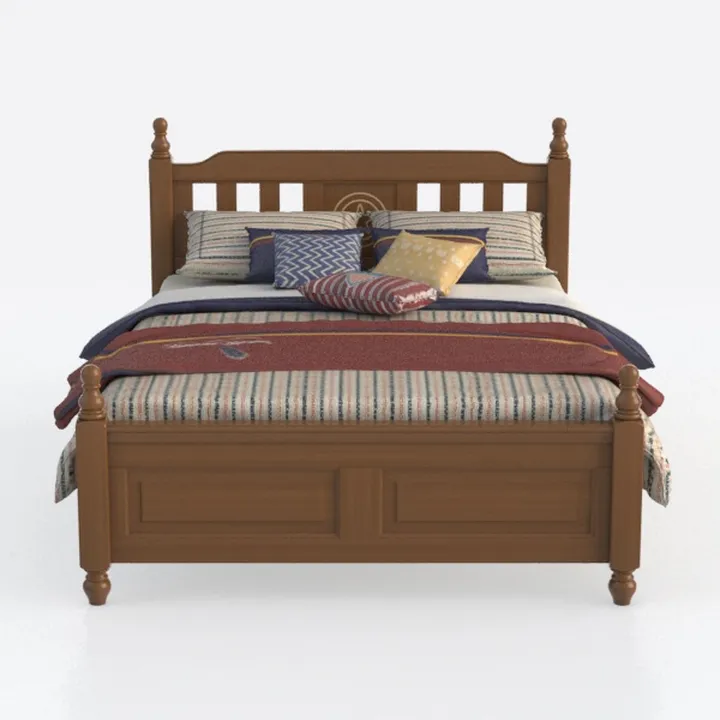 Vintage Solid Oak Wood King Size Bed with Bedding 3D Model
