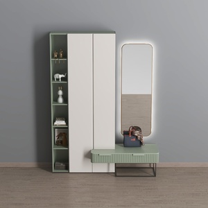 Modern Sage Green Solid Wood Hallway Storage Cabinet with Mirror and Bench 3D Model