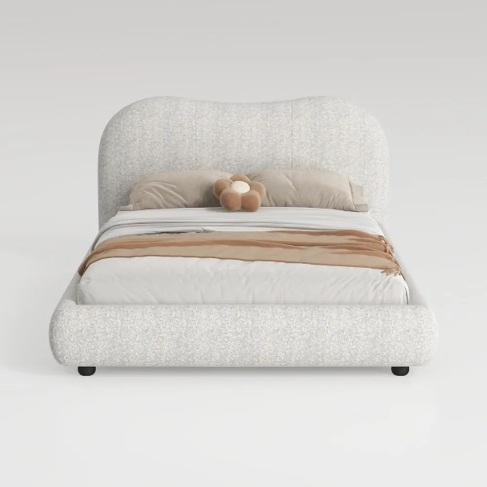 MAKLAINE Contemporary Boucle Fabric King Bed in Cr