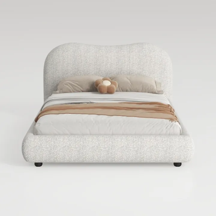 MAKLAINE Contemporary Boucle Fabric King Bed in Cr