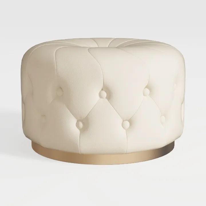 Modern Tufted Cream Leather Gold Base Round Ottoman 3D Model