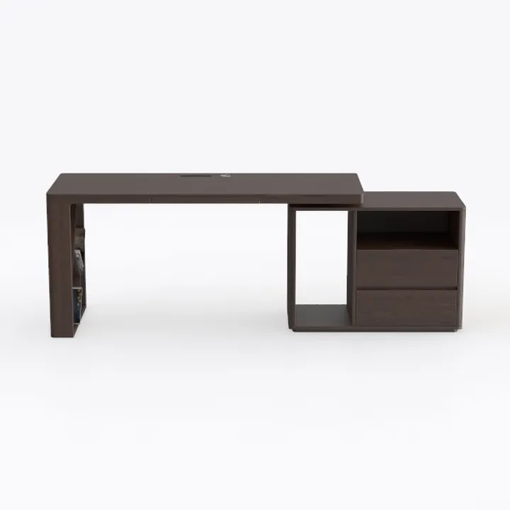 Minimalist Dark Walnut Solid Wood Office Desk with Storage Drawers 3D Model