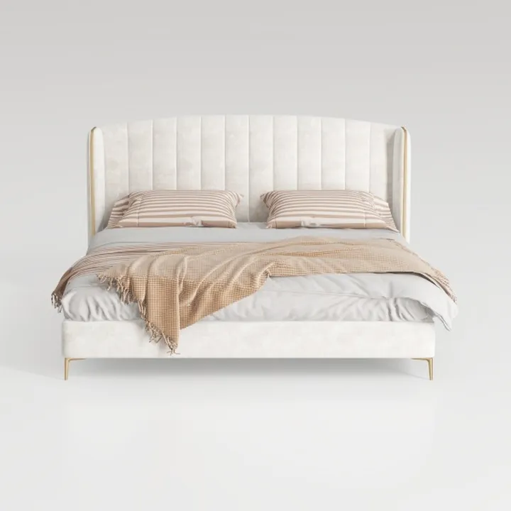 Modern Velvet Upholstered Wingback King Bed With Gold Metal Legs 3D Model