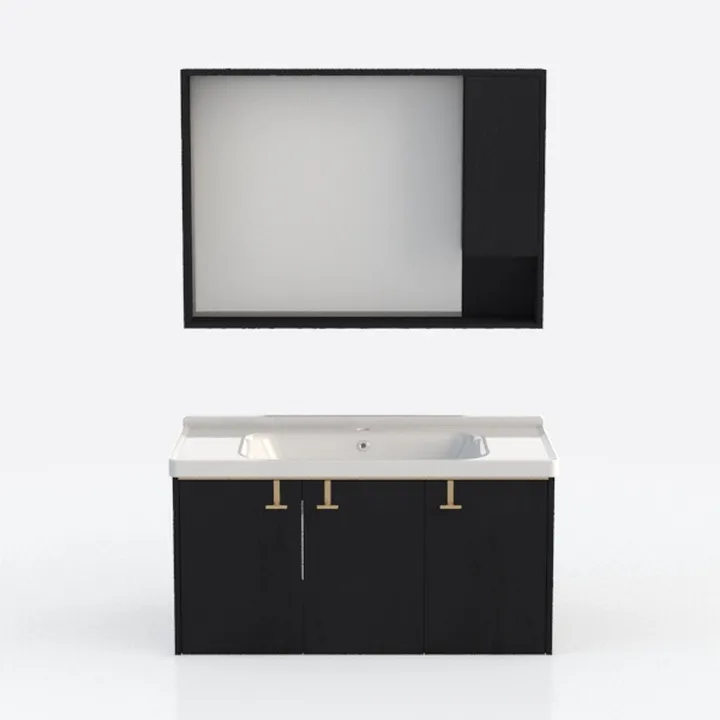 Modern Black Solid Wood Bathroom Vanity with Mirror and Gold Accents 3D Model