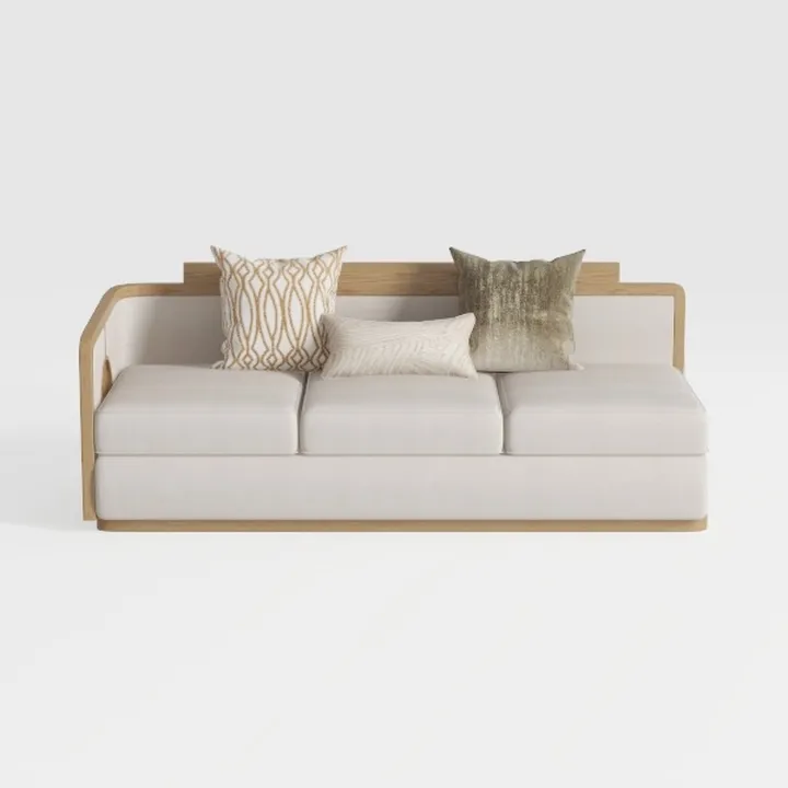 Modern Oak Linen Upholstered 3 Seater Sofa 3D Model