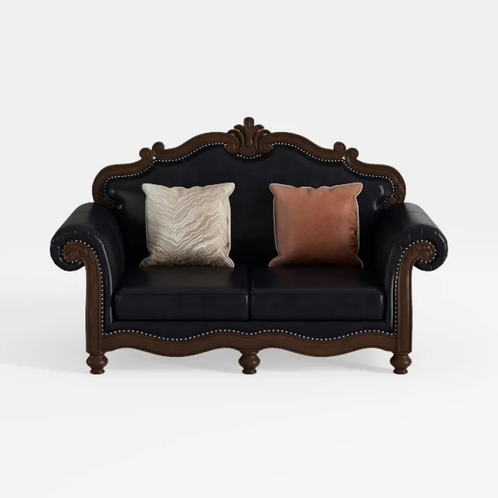 Vintage Solid Wood Leather Loveseat with Decorative Nailhead Trim 3D Model