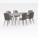 Modern Marble Top Metal Frame Dining Table Set with Fabric Upholstered Chairs 3D Model Right 45 Degree View