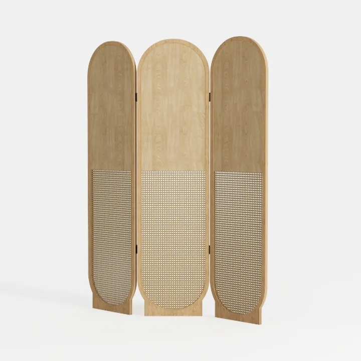 Minimalist Japandi Oak Rattan Room Divider Screen 3D Model