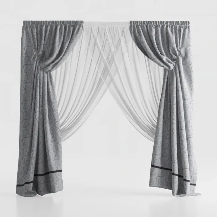 Grey Printed Fabric Sheer Window Curtains 3D Model