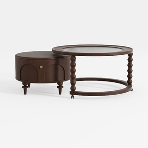 Minimalist Walnut Rattan Round Nesting Coffee Tables 3D Model