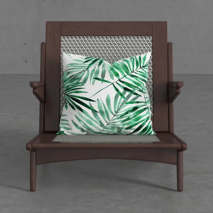 Minimalist Solid Wood Cane Accent Chair with Tropical Throw Pillow 3D Model