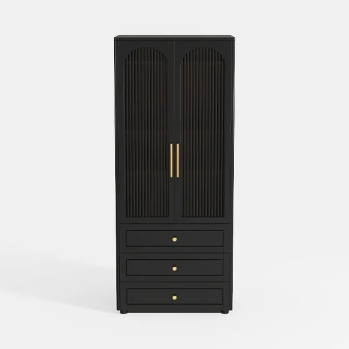 Modern Black Solid Wood Fluted Glass Door Wardrobe with Gold Hardware 3D Model