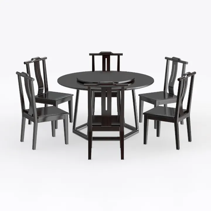 Traditional Solid Wood Round Dining Table Set 3D Model