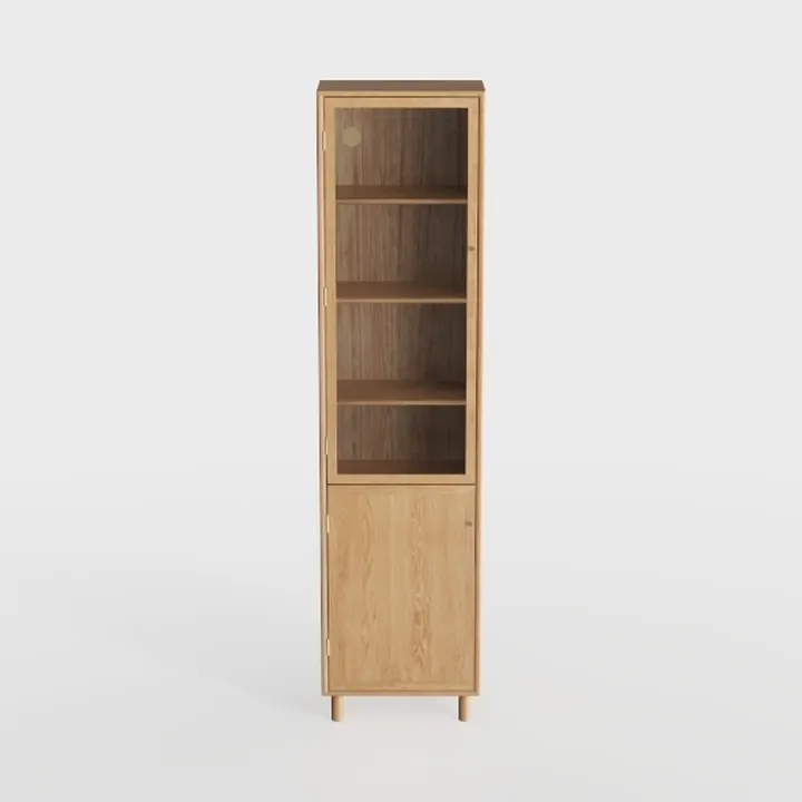 Minimalist Solid Oak Tall Display Cabinet With Glass And Wood Doors 3D Model