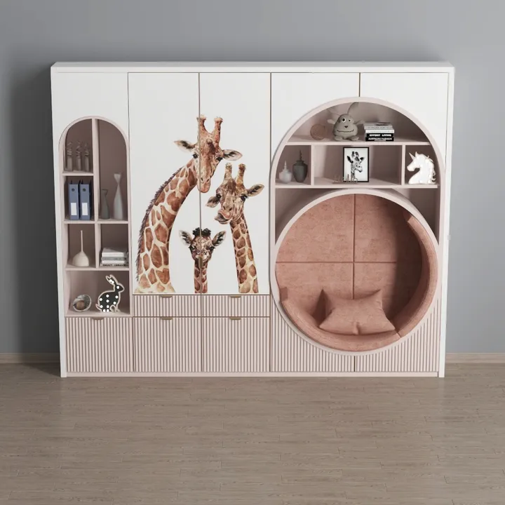 Modern Pink White Giraffe Print Multifunctional Cabinet With Reading Nook 3D Model