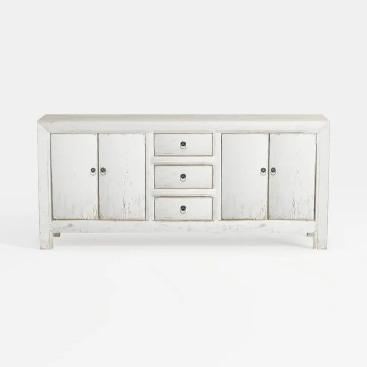 Distressed White Solid Wood Sideboard Cabinet With Storage 3D Model