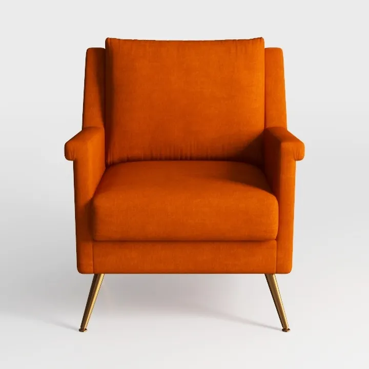 Modern Orange Fabric Upholstered Armchair with Gold Metal Legs 3D Model