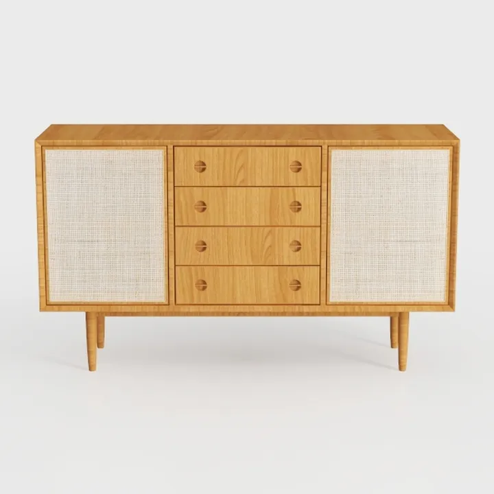 Oak Rattan Storage Cabinet, 2 Door 3 Drawer, Boho