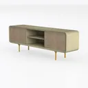 Minimalist Japandi Rattan Solid Wood TV Stand Media Console 3D Model Left 45 Degree View