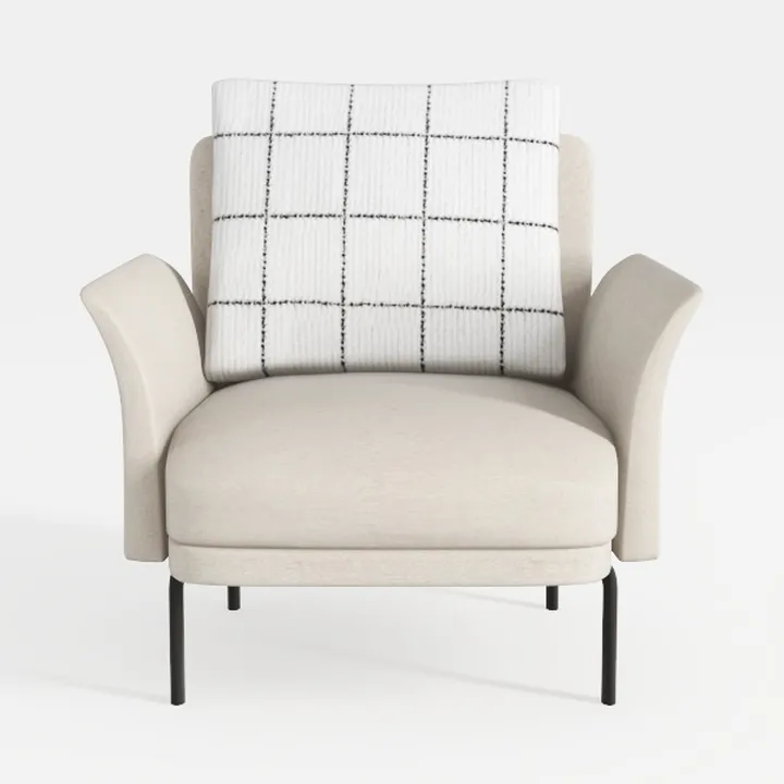 Minimalist Beige Fabric Armchair with Grid Throw Pillow Metal Legs 3D Model
