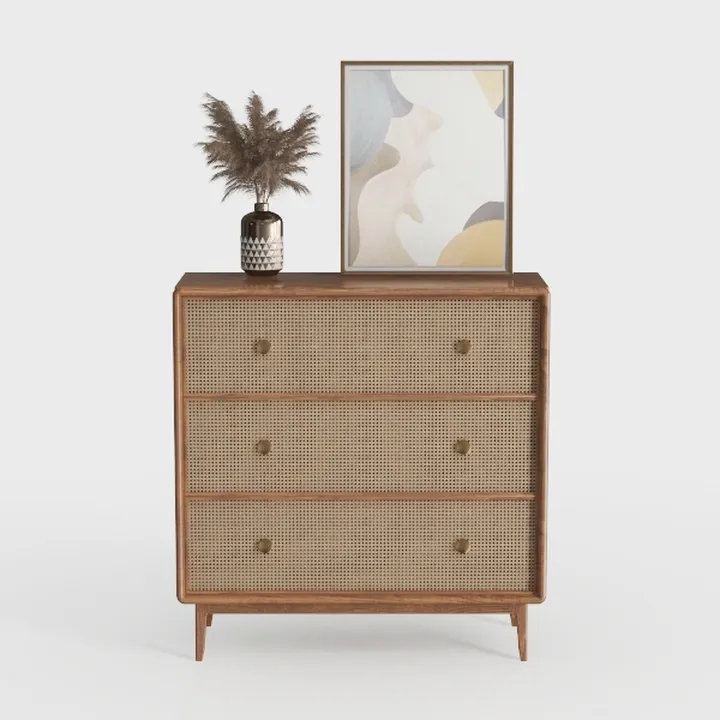 Minimalist Japandi Rattan Solid Wood Dresser 3D Model