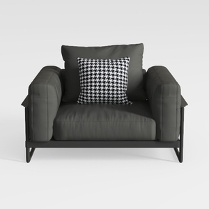 Modern Minimalist Dark Leather Metal Armchair with Houndstooth Cushion 3D Model