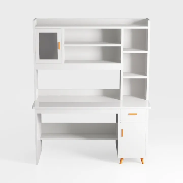 Minimalist White Solid Wood Home Office Desk With Storage Shelves 3D Model